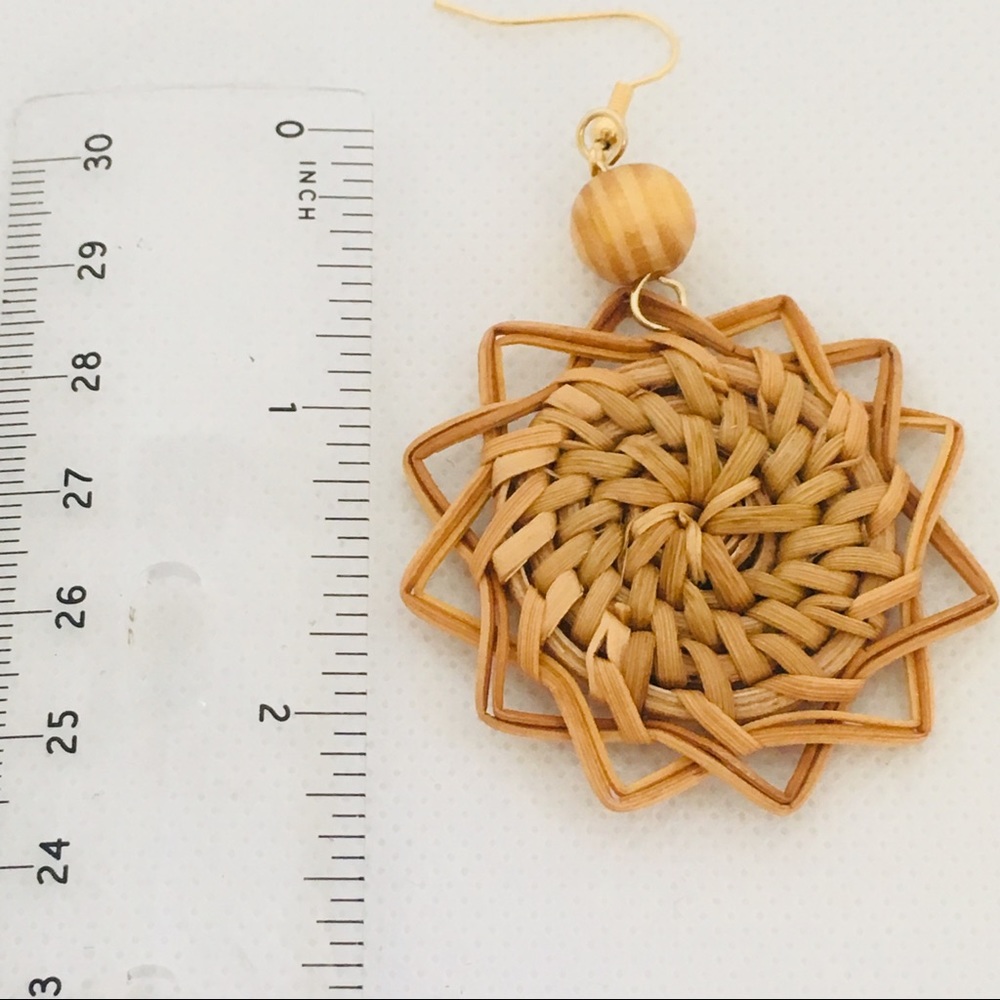 Wicker Rattan Wood Bead Geometric Drop Earrings - Picture 6 of 7